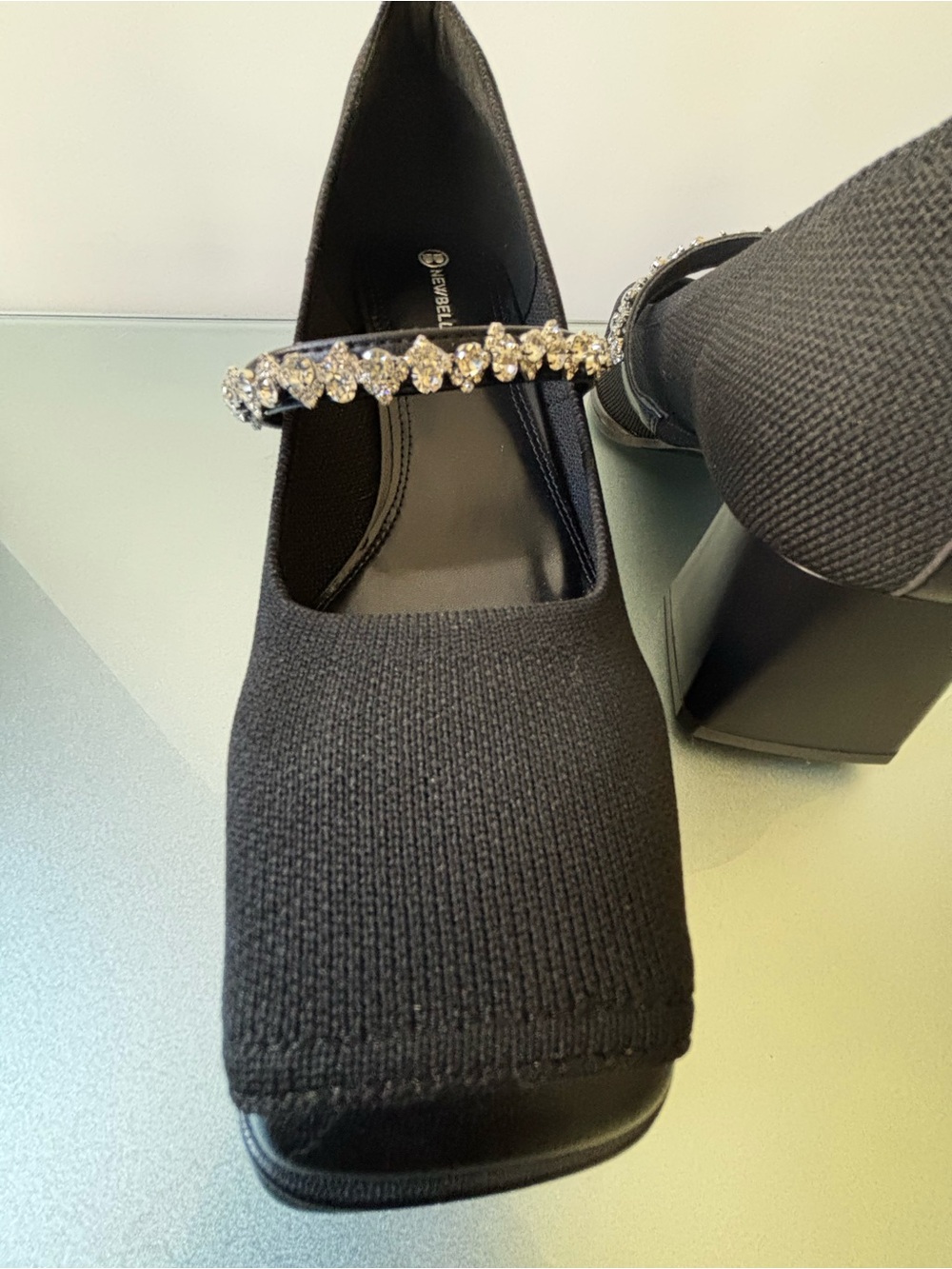 NEWBELLA Black Mary Jane Block Heel with Crystal - Picture 5 of 6